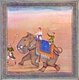 India: The 3rd Mughal Emperor Akbar (r. 1556-1605) riding an elephant, while a Turkish retainer sits behind holding a flaming torch